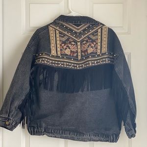 Black Denim Floral Embroidery with Fringe Jacket